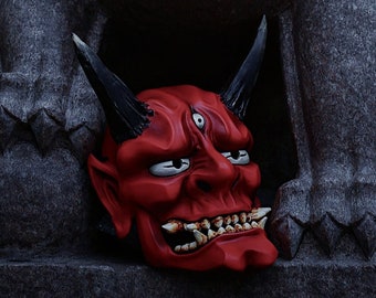 Japanese Red Oni Mask, Samurai mask, Wall hannya mask, Oni mask wear, Kabuki mask, Noh mask, Resin mask for cosplay, oni mask wall decor