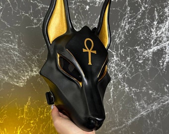 Egyptian Black Anubis Mask with Ankh, Cosplay Face Mask Costume, Wolf Head Jackal Animal mask, Egyptian Wall Decor, Ancient Egyptian God