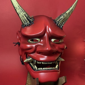 Traditional Japanese Hannya Mask, Samurai mask, MADE to ORDER, Kabuki mask, Japanese Demon mask, Oni mask, Red, Black Gold Hannya wall decor Red&Gold