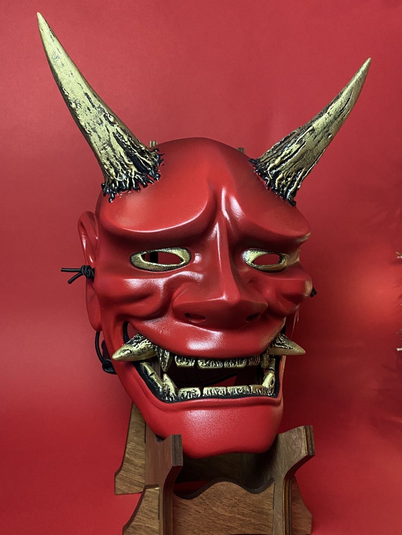 Traditional Japanese Hannya Mask, Samurai mask, MADE to ORDER, Kabuki mask, Japanese Demon mask, Oni mask, Red, Black Gold Hannya wall decor Red&Gold