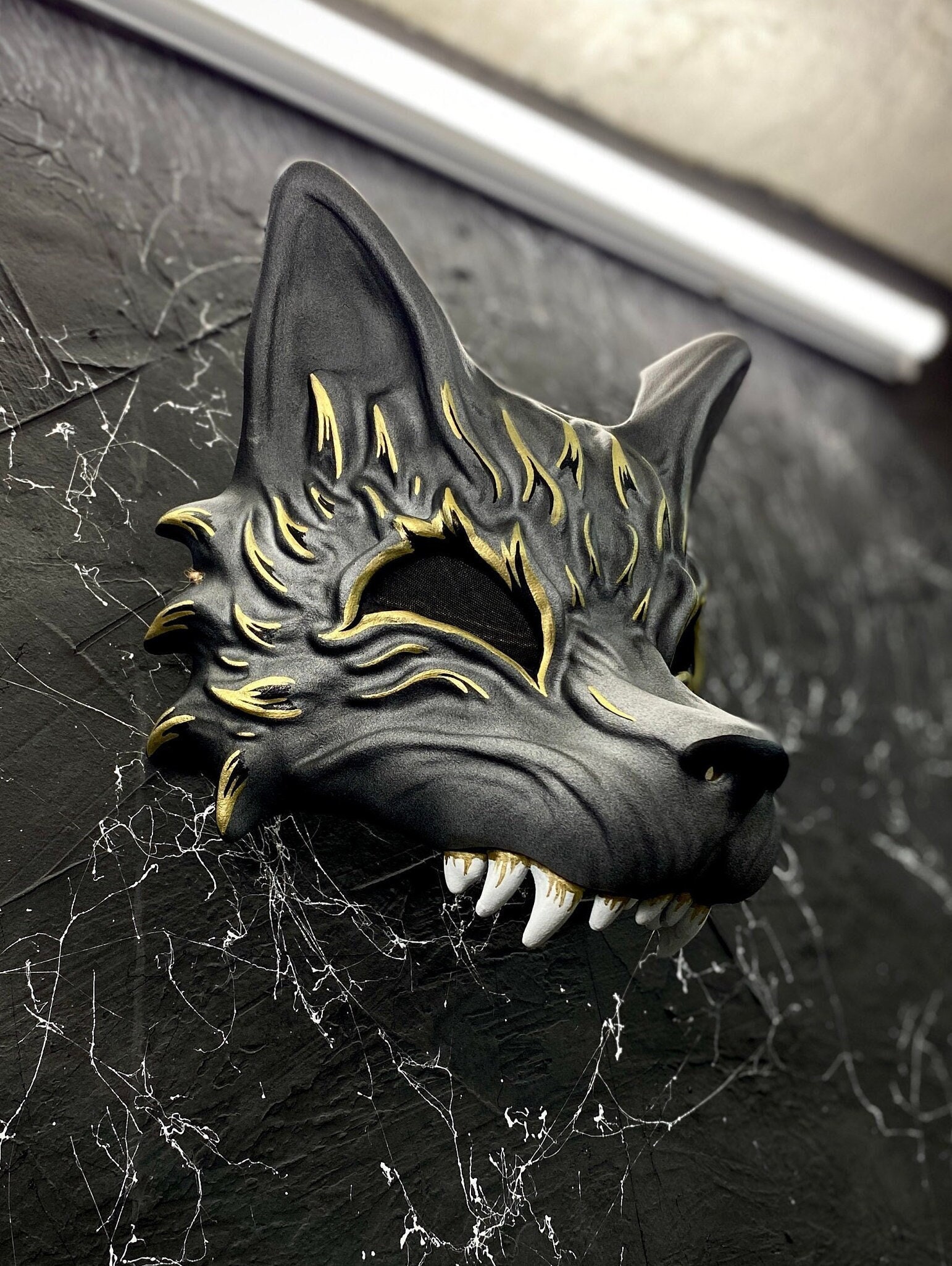 Japanese Grey Kitsune Half Mask, Gold and Black Wolf Half