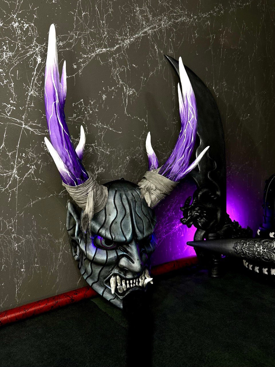 Oni mask of Tsushima legends mask with big horns, Purple oni demon mask, Japanese mask ghost of tsushima wearable, Kabuki mask, Noh mask