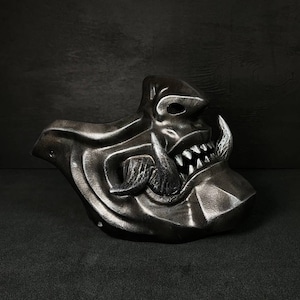 Black Oni Half mask Wearable Samurai Mempo Mask: Japanese Mask. Steelish Black menpo mask with big fangs, Battle-worn Samurai Armour Cosplay