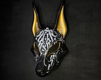 Egyptian Anubis Mask: Black and White Сalligraphy, Wolf Head Jackal Animal mask, Egyptian Wall Decor, Ancient Egyptian God, Cosplay Costume