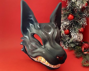 Japanese Kitsune mask, Black and Silver fox mask, Black Kitsune mask, Kitsune Cosplay, Fox demon mask Wolf mask, Grey Kitsune mask wearable