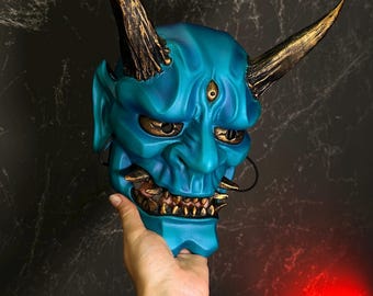 Japanese Oni Mask: Gold and Teal, Wearable Japanese Hannya mask, Samurai mask, Turquoise Demon mask, Suitable for Hanging on the Wall