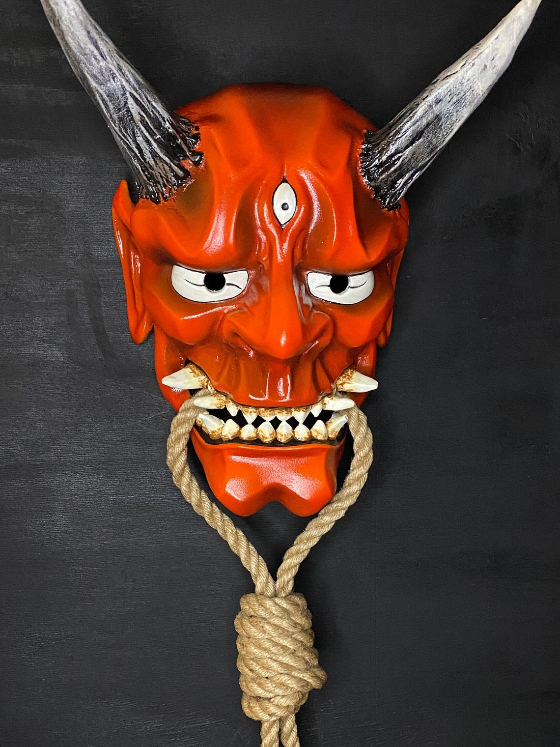 Japanese Oni Mask With Rope Red Oni Mask Decor Red Hannya - Etsy