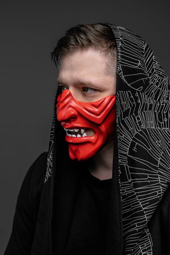 サムライマスク、赤鬼マスク、日本の面歩マスク、赤半面マスクコスプレ