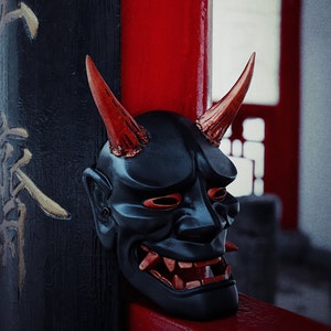 Traditional Japanese Hannya Mask, Samurai mask, MADE to ORDER, Kabuki mask, Japanese Demon mask, Oni mask, Red, Black Gold Hannya wall decor Black&Copper