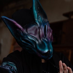 Japanese Kitsune mask - Purple and Blue wolf mask wearable, Japan Fox mask: Silver, Masquerade Carnival Kitsune costume for cosplay