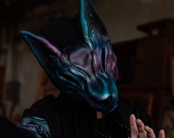 Japanese Kitsune mask - Purple and Blue wolf mask wearable, Japan Fox mask: Silver, Masquerade Carnival Kitsune costume for cosplay