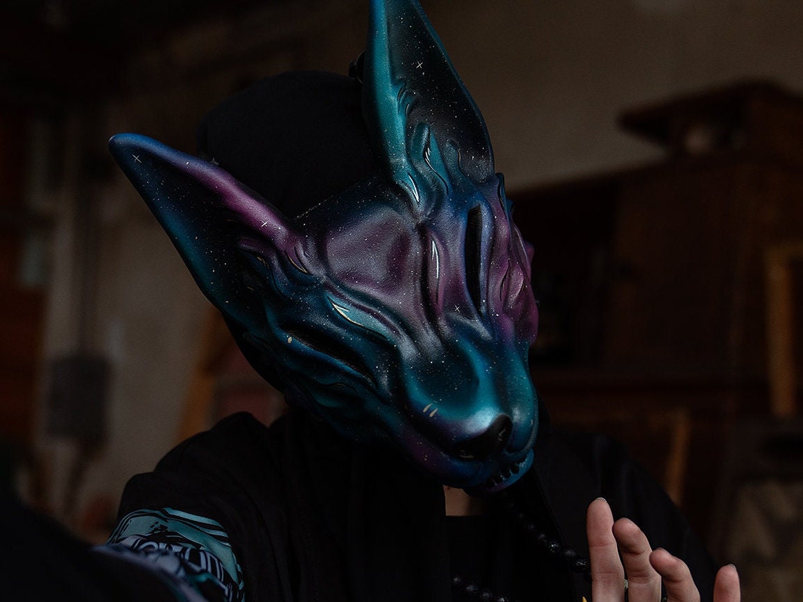 Japanese Kitsune mask, Black and Silver fox mask, MADE TO ORDER