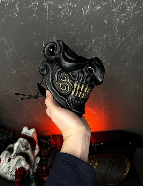 Samurai Mask, Ronin Mempo Mask, Japanese Demon, Black Oni Half  
