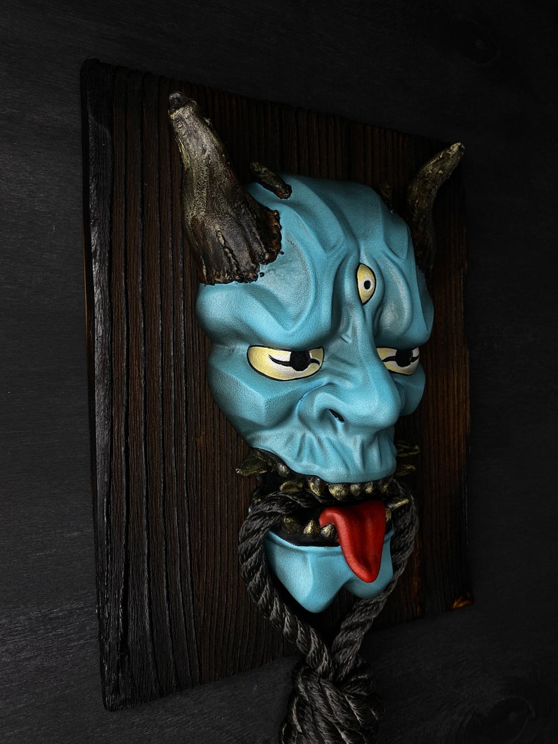 Blue Oni Mask on Wood Board Samurai Mask Wall Red Oni Mask Etsy