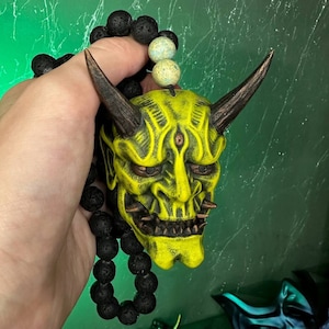 Japanese Oni mask Necklace, Small Japanese Oni mask with beads, Japanese Devil Hannya Necklace, Green Oni demon Mask Necklace