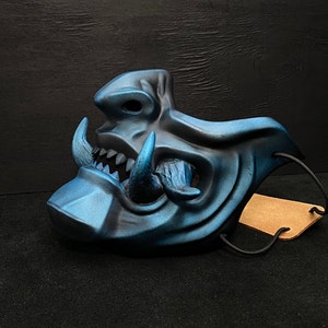 Samurai Half mask Wearable Mempo Mask, Japanese Blue Samurai Cosplay Metallic Black Half mask, Ninja Armour half mask with big fangs