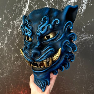 Máscara de Komainu azul, máscara portátil de perro león, decoración de pared de Komainu japonesa, estatua de perro león, máscara de león japonesa, máscara de tigre china