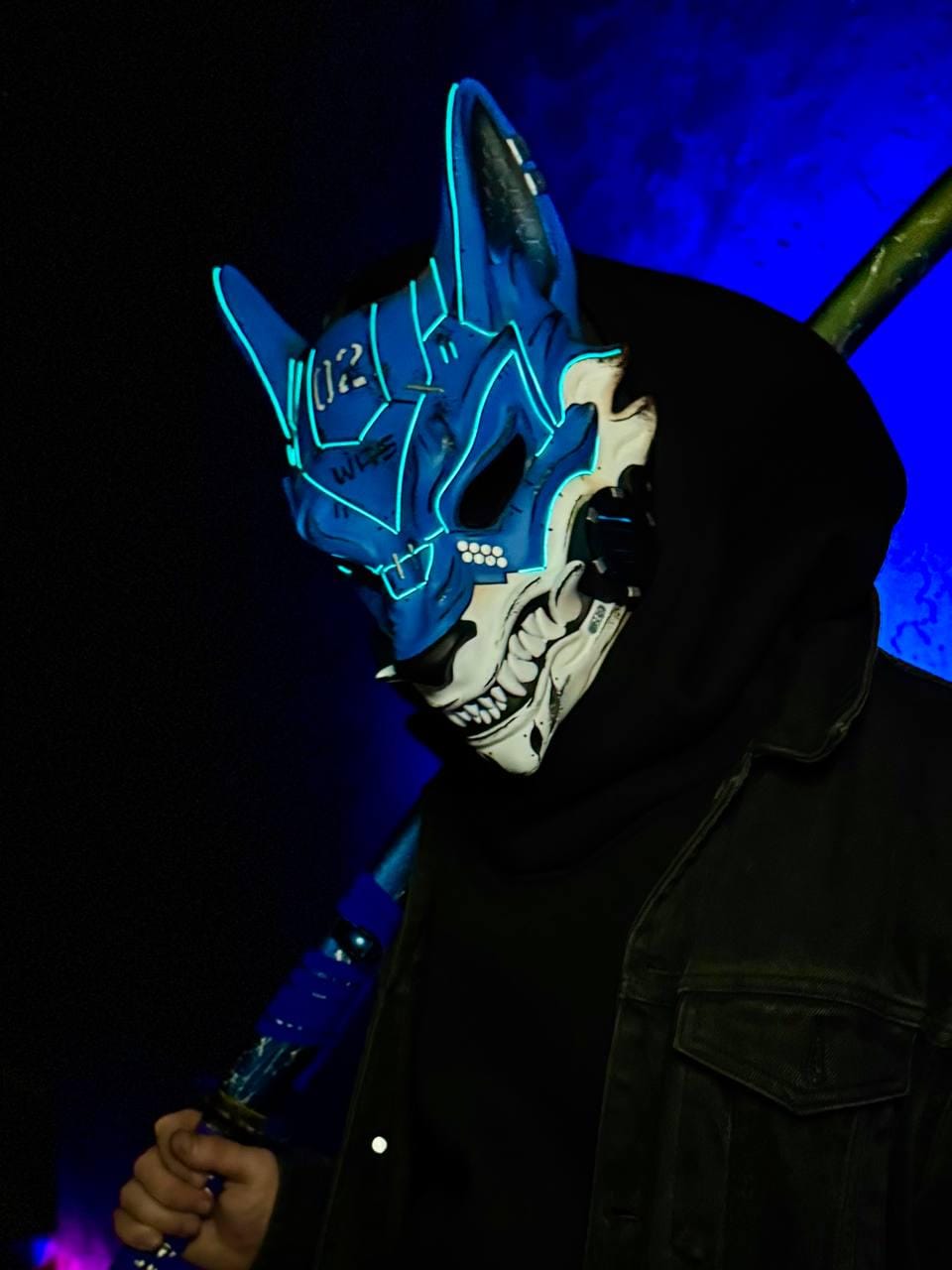 MAN WITH A MISSION　WOLF-TEC LIGHT JK Cyberpunk Mask - Kitsune Blue & White 03 With LED Lights