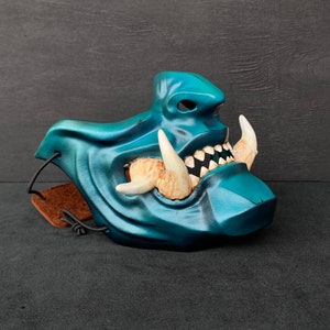 Oni Half mask: Teal and Black Wearable Japanese Samurai Mempo mask, Ninja Armour wear, Tsushima menpo mask Devil, Demon, mengu facial armour