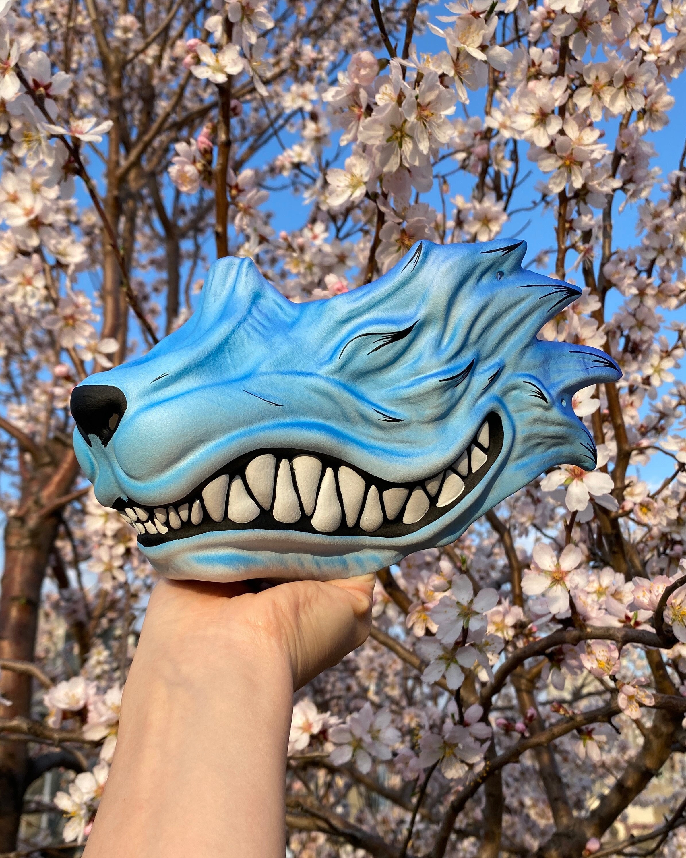 Japanese Kitsune Half Mask Blue Wolf Oni Half Mask Japanese Etsy