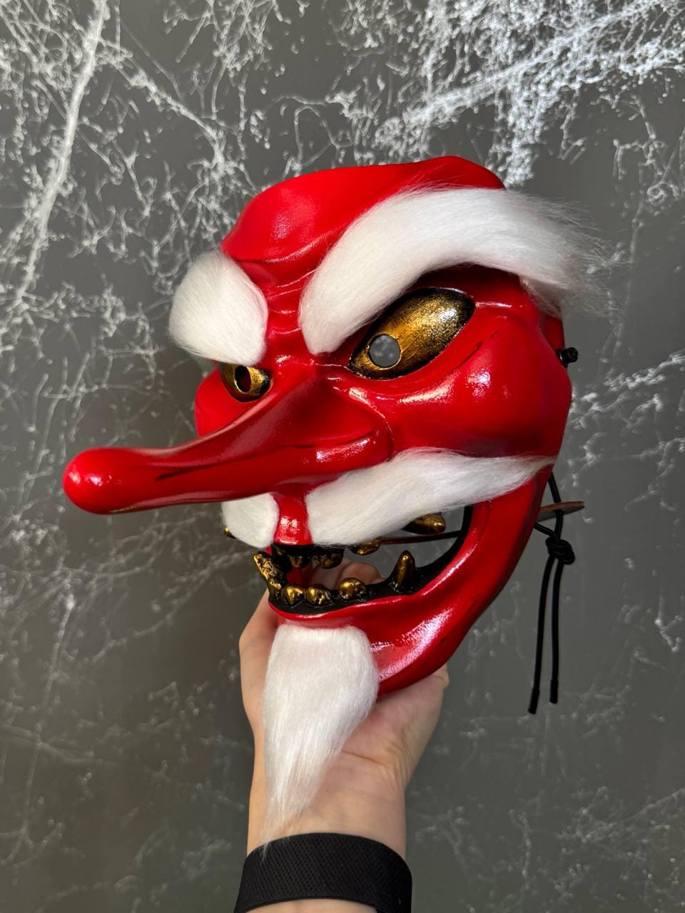 髪付き赤天狗面、山伏天狗面、日本の長い鼻面、黒ビーズ付き着用天狗面