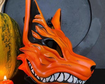 Kitsune mask, Orange Japanese Fox mask, the nine tail fox, Anime mask, Orange Fox mask, kitsune fox mask , Anime cosplay, kyuubi mask