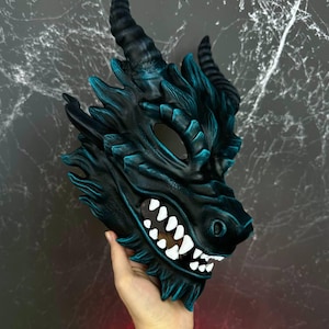 Black and Teal Dragon mask, Smaug mask Alodidae Dragon Mask Cosplay, Halloween dragon age mask wearable Dragon mask, Japanese Dragon mask