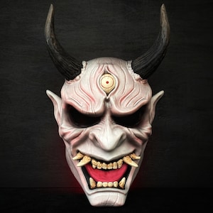 White Oni Mask wearable, Horns devil mask cosplay, Kabuki mask, Noh mask, Demon mask, Wall Oni mask, Yokai mask, Japanese Hannya mask white