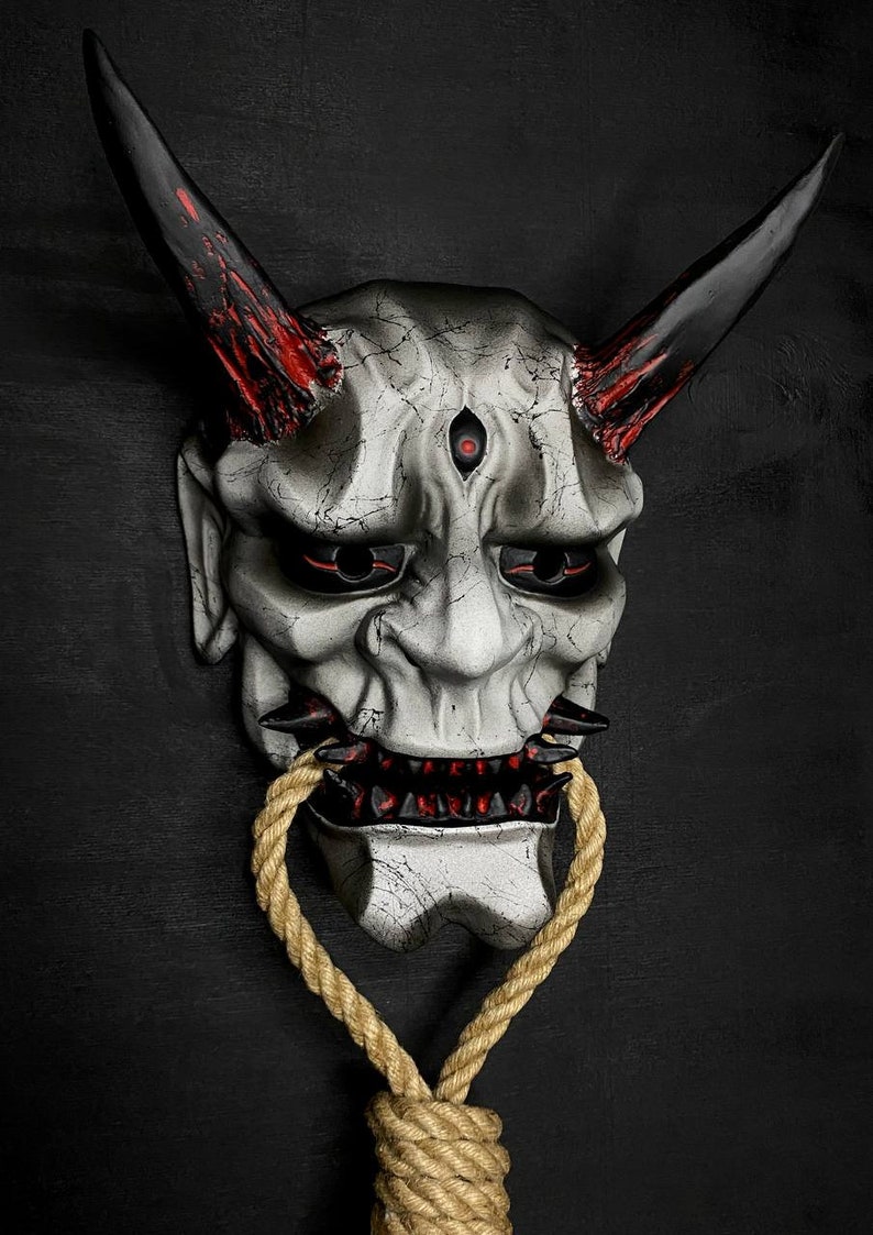 Black and White Oni Mask With Rope, Wall Decor Oni Mask With Rope ...