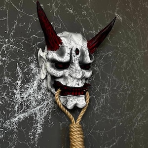 Máscara japonesa Oni com corda, decoração de parede, máscara branca Oni, máscara Kabuki, máscara de demônio preto, máscara Yokai, máscara Hannya branca vestível