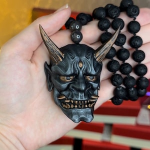 Japanese Oni Mask Necklace: Mini Demon Pendant, Lava Beaded Chain - Etsy