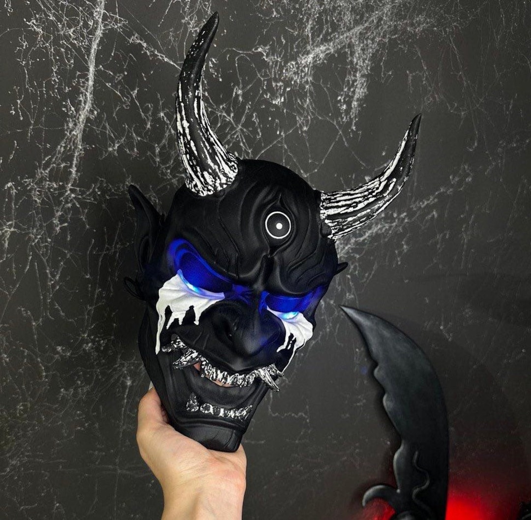 Japanese DBD Oni Mask With Lights Wearable, Black and White