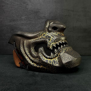 Oni Half Mask: Black and Gold Craquelure Mempo mask wearable, Japanese Samurai mask Cosplay, Ninja Armour, Youkai half mask
