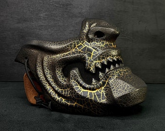 Halfmasker Oni: zwart en goud craquelé Mempo-masker draagbaar, Japans samoeraimasker cosplay, ninjapantser, Youkai-halfmasker