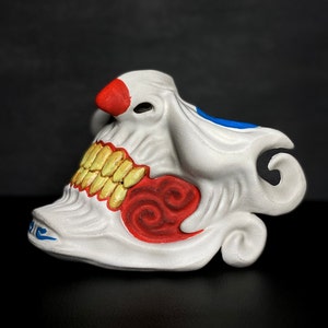 Half Face Joker Mask, Half mask clown, Ronin Oni Mempo Japanese Demon Custom Samurai mask Yokai Horror Red Nose mask, Cosplay mask