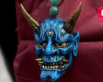 Oni mask Keychain, Samurai Keychain, Small Japanese Oni mask, Japanese Devil Hannya mask, Blue Oni demon Mask keychain