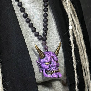 Japanese Oni Mask Necklace: Mini Demon Pendant, Lava Beaded Chain - Etsy