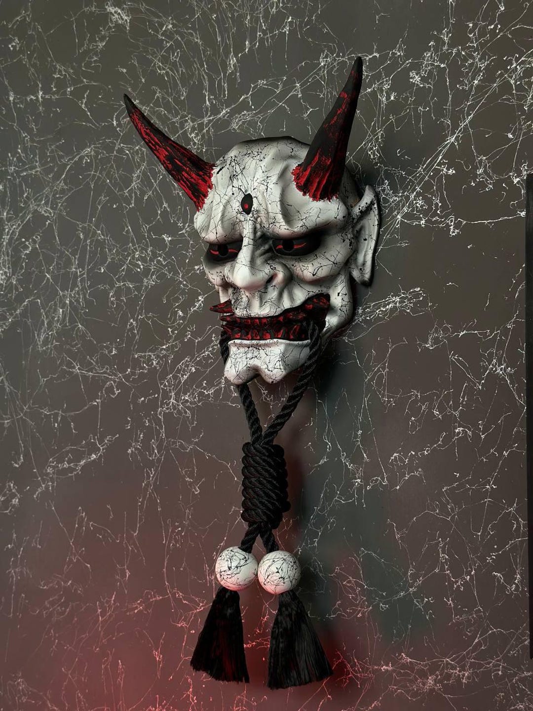 Japanese Oni Mask With Rope, Wall Decor White Oni Mask Wear, Kabuki ...
