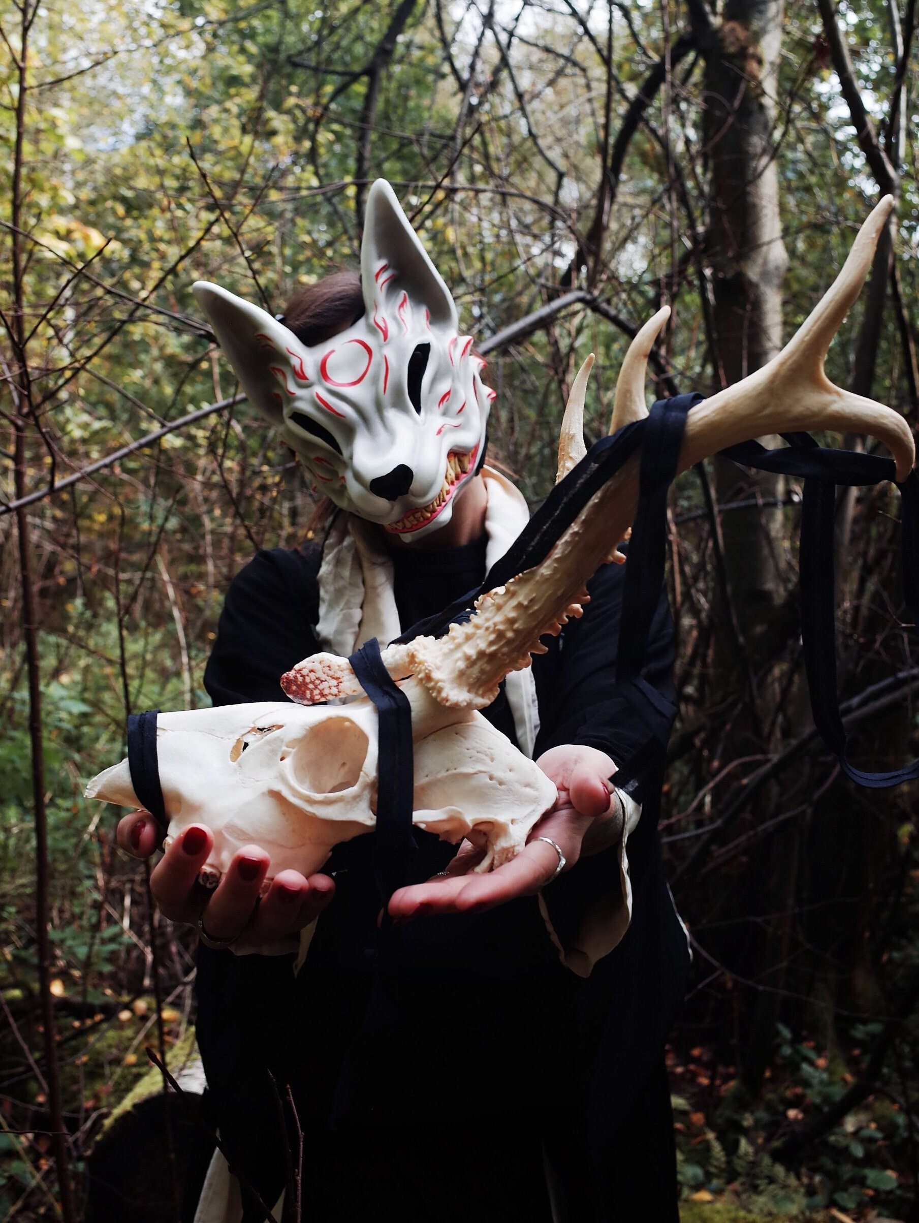 Japanese Kitsune Mask White and Red Full Face Kitsune Mask Etsy