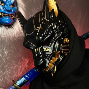 Máscara cyberpunk lobo vestível para cosplay, máscara cibernética kitsune, máscara cyberpunk preta, máscara de raposa cyberpunk, máscara tecnológica futurista