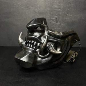Oni Half Face Wearable Mempo Mask, Japanese Samurai Cosplay Steelish Black Half Face mask, Ninja Armour, Youkai half mask with big fangs
