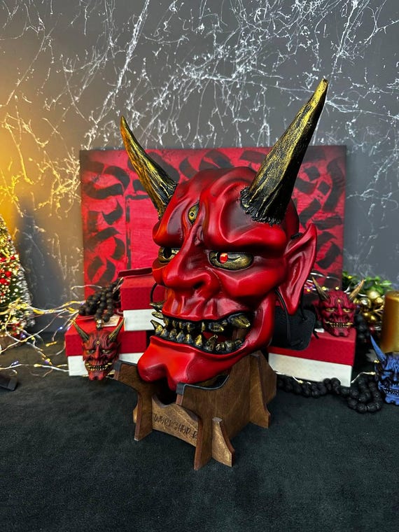 日本の鬼マスク - 金と青緑の悪魔のマスク、歌舞伎のマスク、サムライ 
