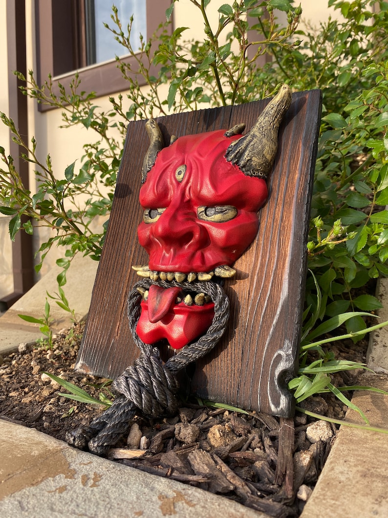 Blue Oni Mask on Wood Board Samurai Mask Wall Red Oni Mask Etsy