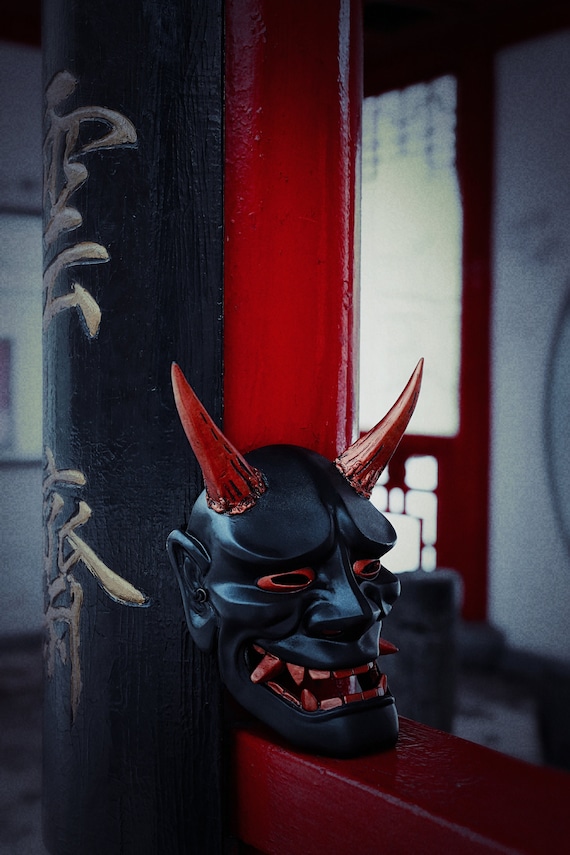 Japanese Hannya Mask Black and Gold Traditional Samurai Mask Etsy