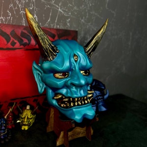 Japanese Oni Mask Blue Gold – Demon Mask for Halloween, Cosplay, Samurai Costume, Wearable Japanese Mask