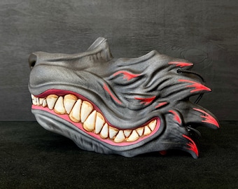 Samurai Wolf Oni mask, Grey and Red Wolf Tsushima, Kitsune Half Mask, Oni Wolf mask Wearable, Black Wolf, Werewolf mask