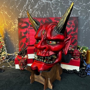 Japanese Red Oni mask Wearable, Demon mask, Wall Oni mask, Yokai mask, Japanese Hannya mask, Horns devil, Samurai mask cosplay