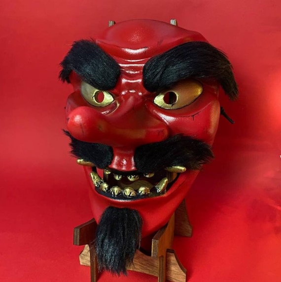 髪付き赤天狗面、山伏天狗面、日本の長い鼻面、黒ビーズ付き着用天狗面