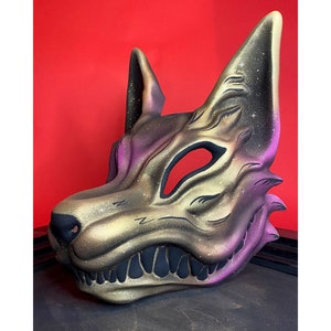 Japanese Kitsune mask, Starry Sky Purple and Gold fox mask, MADE TO ORDER, Pink Kitsune Cosplay, Anime Cosplay fox mask wearable, Wolf mask