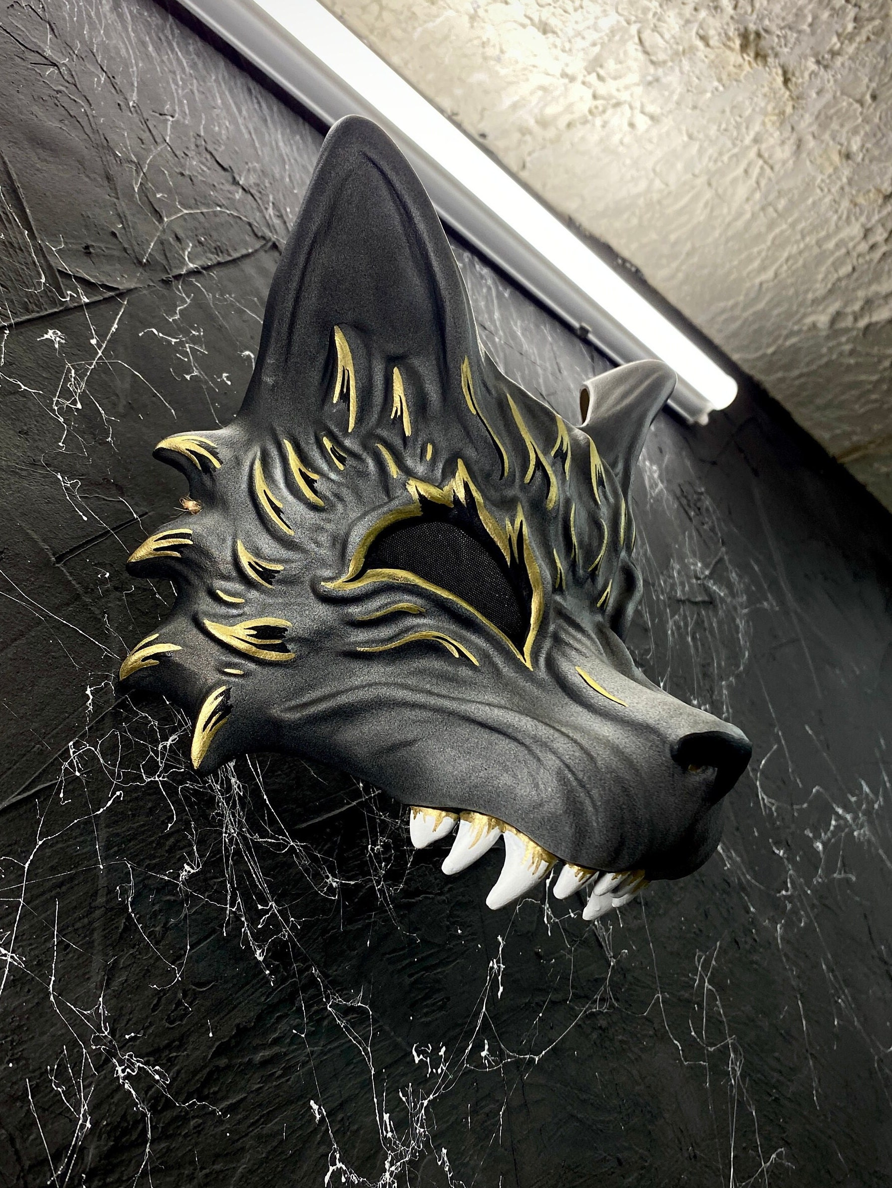 Japanese Grey Kitsune Half Mask Gold and Black Wolf Half Etsy